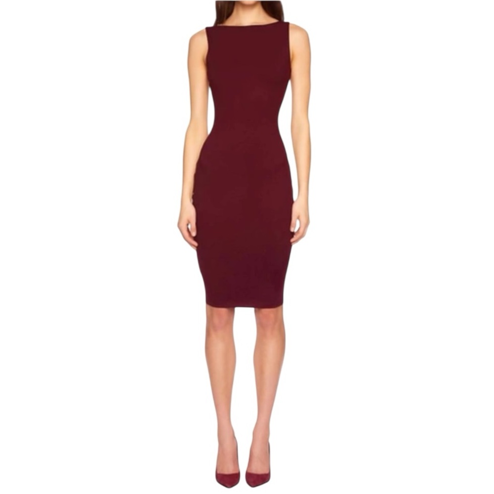 Susana Monaco Red Bodycon Midi Dress Square Neck Stretch Sheath Size L NWOT